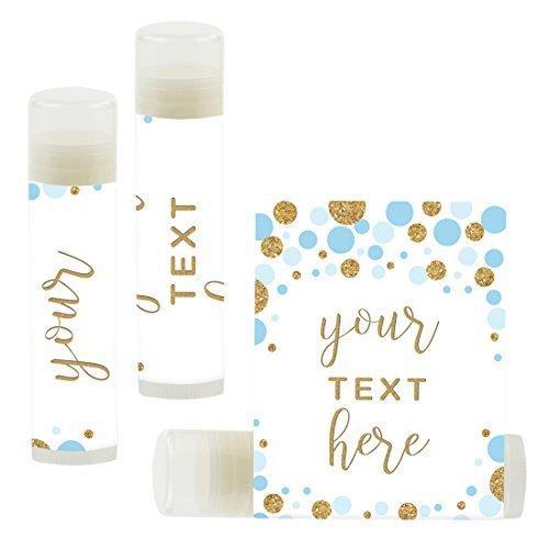 Set of 12 Personalized Lip Balm Party Favors, Your Text Here-Set of 12-Andaz Press-Baby Blue Faux Gold Glitter Confetti Dots-