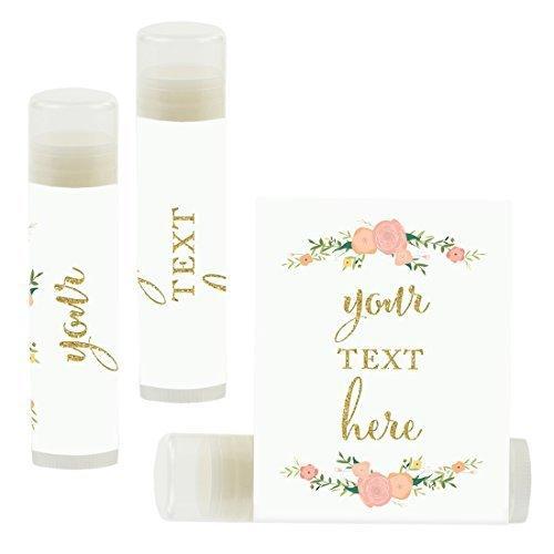 Set of 12 Personalized Lip Balm Party Favors, Your Text Here-Set of 12-Andaz Press-Faux Gold Glitter Print with Florals-