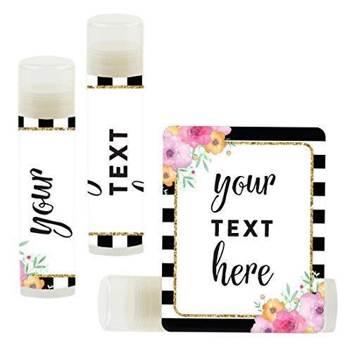 Set of 12 Personalized Lip Balm Party Favors, Your Text Here-Set of 12-Andaz Press-Floral Gold Glitter Print with Black White Stripes-