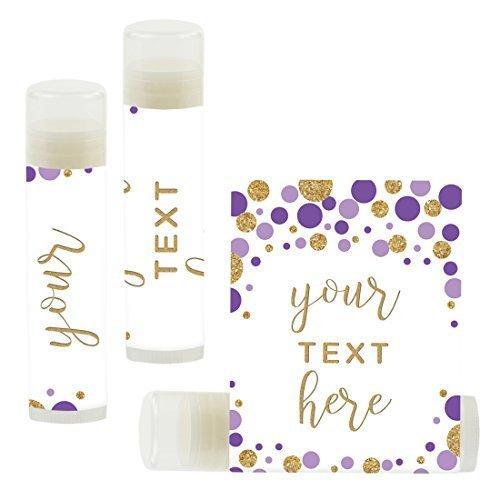 Set of 12 Personalized Lip Balm Party Favors, Your Text Here-Set of 12-Andaz Press-Lavender Purple Faux Gold Glitter Confetti Dots-