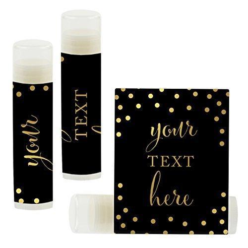 Set of 12 Personalized Lip Balm Party Favors, Your Text Here-Set of 12-Andaz Press-Metallic Gold Ink on Black-
