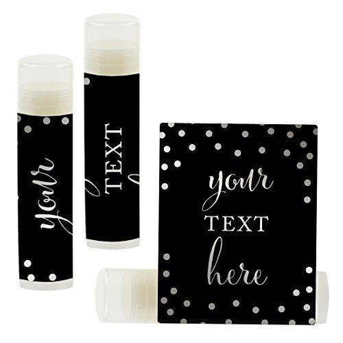 Set of 12 Personalized Lip Balm Party Favors, Your Text Here-Set of 12-Andaz Press-Metallic Silver Ink on Black-