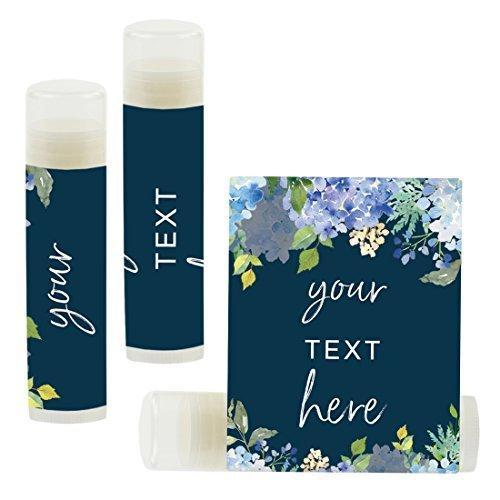 Set of 12 Personalized Lip Balm Party Favors, Your Text Here-Set of 12-Andaz Press-Navy Blue Hydrangea Floral Garden Party-