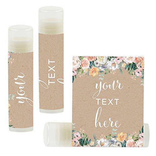 Set of 12 Personalized Lip Balm Party Favors, Your Text Here-Set of 12-Andaz Press-Peach Kraft Brown Rustic Floral Garden Party-