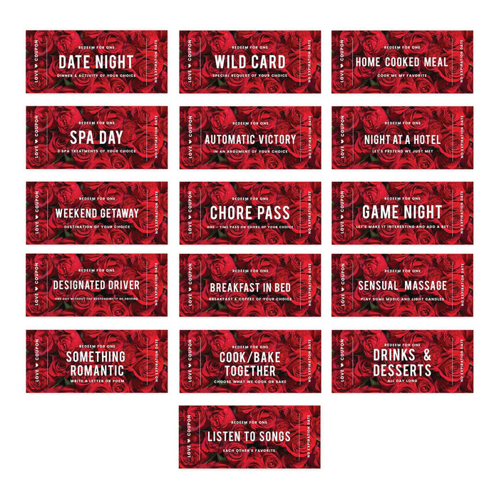 Set of 16 Couples Coupons-Set of 16-Andaz Press-Red Roses Design Love-