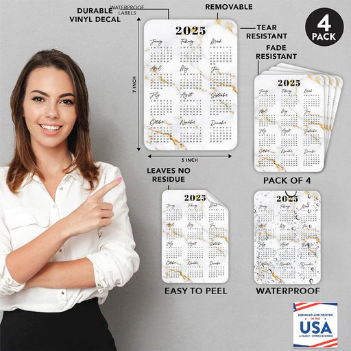 Set of 4 Peel and Stick 2025 Monthly Calendars for Refrigerator, Adhesive Wall Calendar Stickers-Set of 4-Andaz Press-5"x7" Marble-