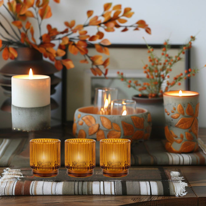 Set of 6 Ribbed Glass Votive Candle Holders - Aesthetic Decor & Candle Holders for Table Centerpiece-Set of 6-Koyal Wholesale-Burgundy-