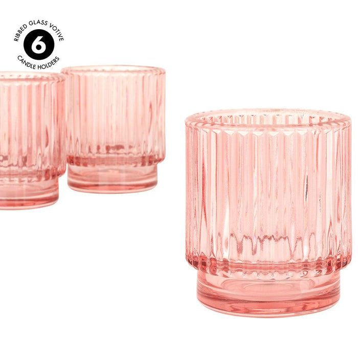 Set of 6 Ribbed Glass Votive Candle Holders - Aesthetic Decor & Candle Holders for Table Centerpiece-Set of 6-Koyal Wholesale-Burgundy-