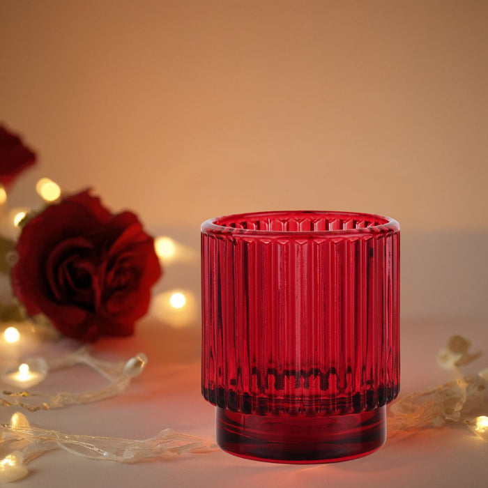 Set of 6 Ribbed Glass Votive Candle Holders - Aesthetic Decor & Candle Holders for Table Centerpiece-Set of 6-Koyal Wholesale-Burgundy-