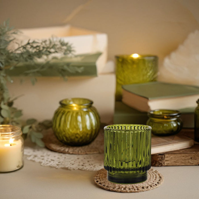 Set of 6 Ribbed Glass Votive Candle Holders - Aesthetic Decor & Candle Holders for Table Centerpiece-Set of 6-Koyal Wholesale-Burgundy-