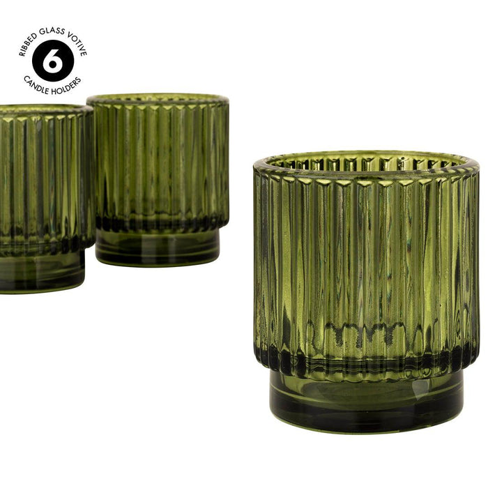 Set of 6 Ribbed Glass Votive Candle Holders - Aesthetic Decor & Candle Holders for Table Centerpiece-Set of 6-Koyal Wholesale-Burgundy-