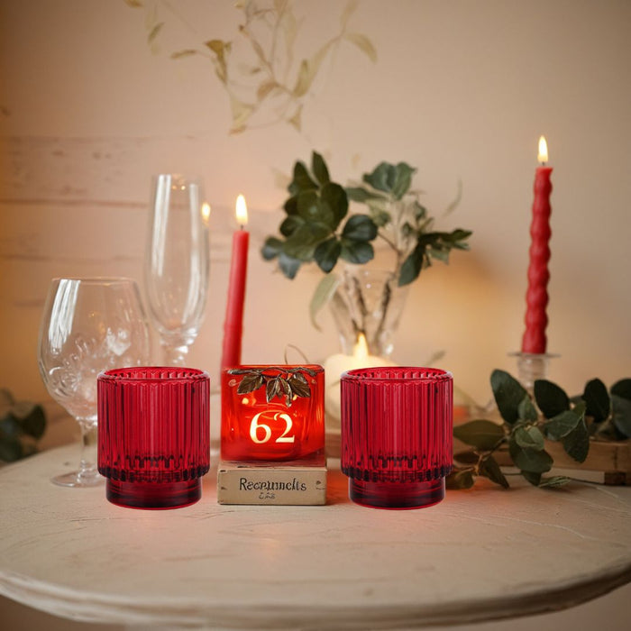 Set of 6 Ribbed Glass Votive Candle Holders - Aesthetic Decor & Candle Holders for Table Centerpiece-Set of 6-Koyal Wholesale-Burgundy-