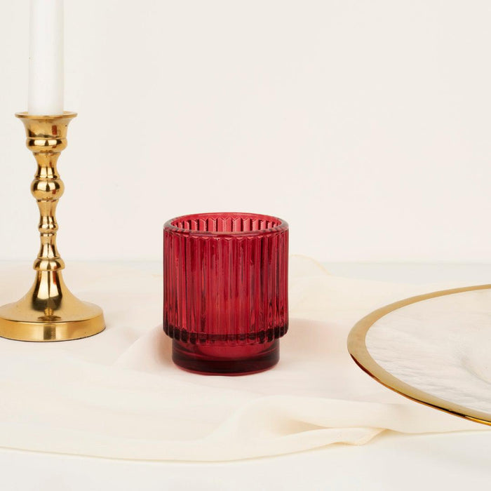 Set of 6 Ribbed Glass Votive Candle Holders - Aesthetic Decor & Candle Holders for Table Centerpiece-Set of 6-Koyal Wholesale-Burgundy-