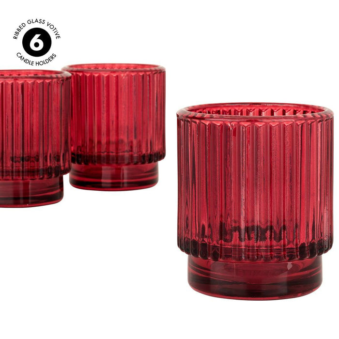 Set of 6 Ribbed Glass Votive Candle Holders - Aesthetic Decor & Candle Holders for Table Centerpiece-Set of 6-Koyal Wholesale-Burgundy-