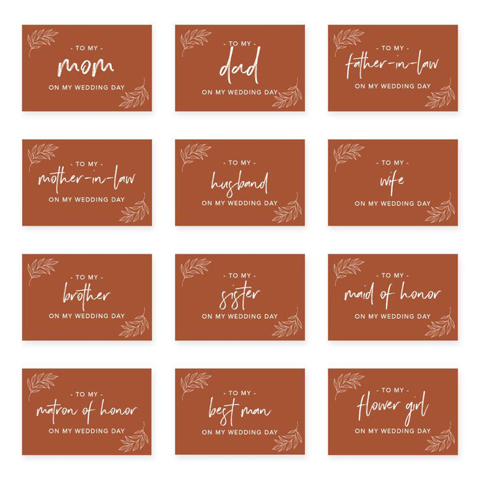 Wedding Day Gift Cards with Envelopes, To My Wife Husband Mom Dad Mother-In-Law Father-In-Law-Set of 12-Andaz Press-Terracotta Line Leaves-