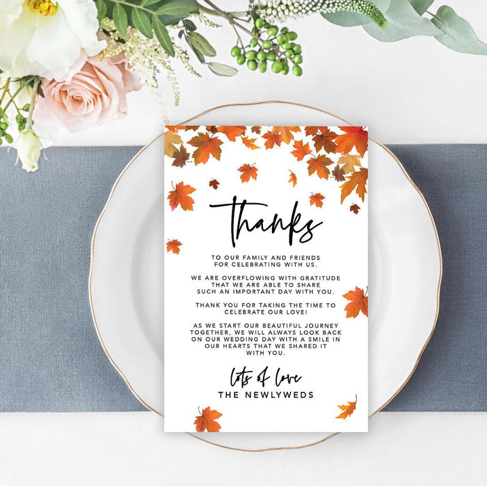 Wedding Thank You Place Setting Cards for Table Reception, Wedding Decoration Seating Design 1-Set of 56-Andaz Press-Autumn Fall Maple Leaves-