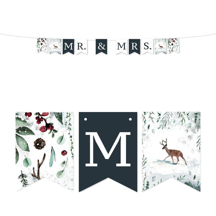 Winter Snowy Woodland Forest Watercolor Wedding Party Collection, Hanging Pennant Party Banner with String, 5-Feet-Set of 1-Andaz Press-Mr. & Mrs.-