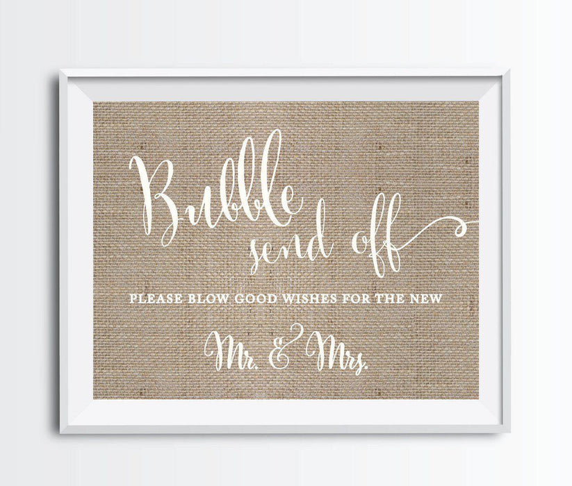 Andaz Press 8.5 x 11 Burlap Wedding Party Signs-Set of 1-Andaz Press-Bubbles Send Off - Blow Good Wishes-