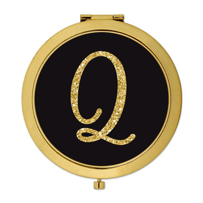Andaz Press Black with Faux Gold Glitter Monogram Gold 2.75 inch Round Compact Mirror-Set of 1-Andaz Press-Q-