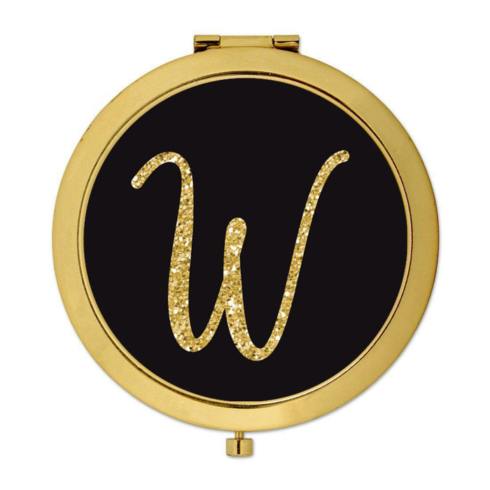 Andaz Press Black with Faux Gold Glitter Monogram Gold 2.75 inch Round Compact Mirror-Set of 1-Andaz Press-W-