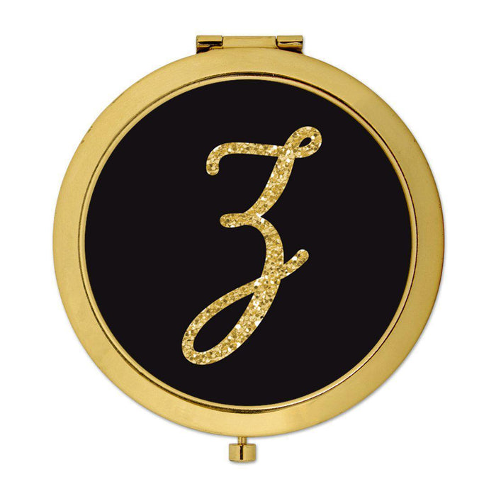 Andaz Press Black with Faux Gold Glitter Monogram Gold 2.75 inch Round Compact Mirror-Set of 1-Andaz Press-Z-