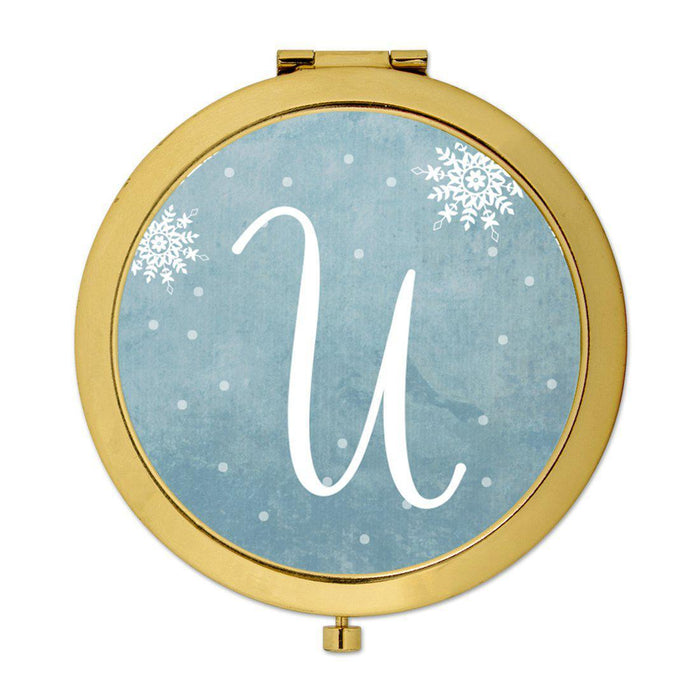 Andaz Press Blue Winter Snowflakes Monogram Gold 2.75 inch Round Compact Mirror-Set of 1-Andaz Press-U-