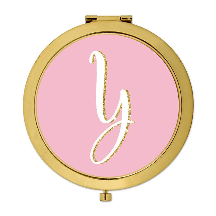 Andaz Press Blush Pink Faux Gold Glitter Monogram Gold Compact Mirror-Set of 1-Andaz Press-Y-