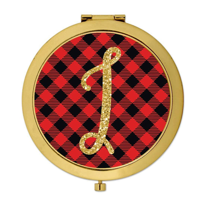 Andaz Press Buffalo Red Plaid With Gold Glitter Monogram Gold Compact Mirror-Set of 1-Andaz Press-I-