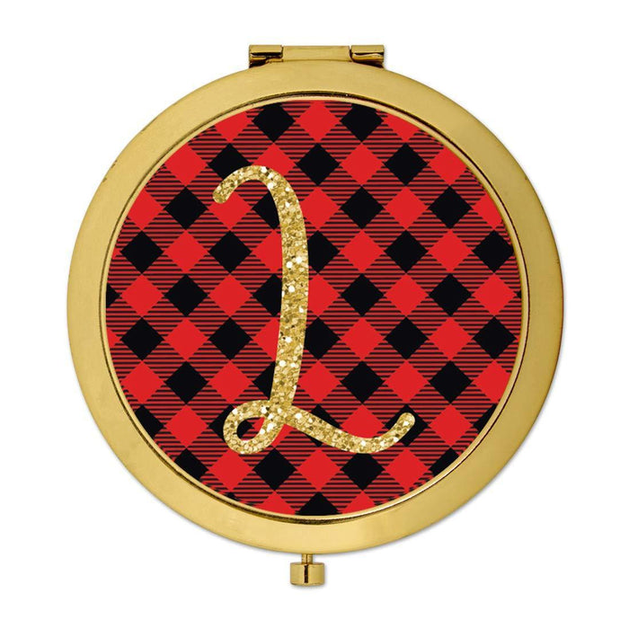 Andaz Press Buffalo Red Plaid With Gold Glitter Monogram Gold Compact Mirror-Set of 1-Andaz Press-L-