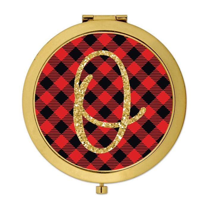 Andaz Press Buffalo Red Plaid With Gold Glitter Monogram Gold Compact Mirror-Set of 1-Andaz Press-O-