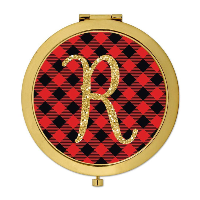 Andaz Press Buffalo Red Plaid With Gold Glitter Monogram Gold Compact Mirror-Set of 1-Andaz Press-R-