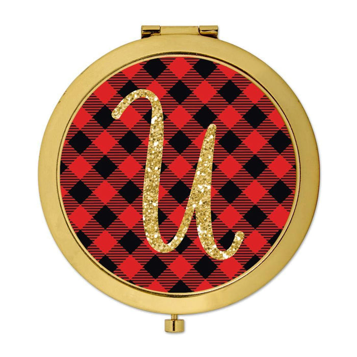 Andaz Press Buffalo Red Plaid With Gold Glitter Monogram Gold Compact Mirror-Set of 1-Andaz Press-U-