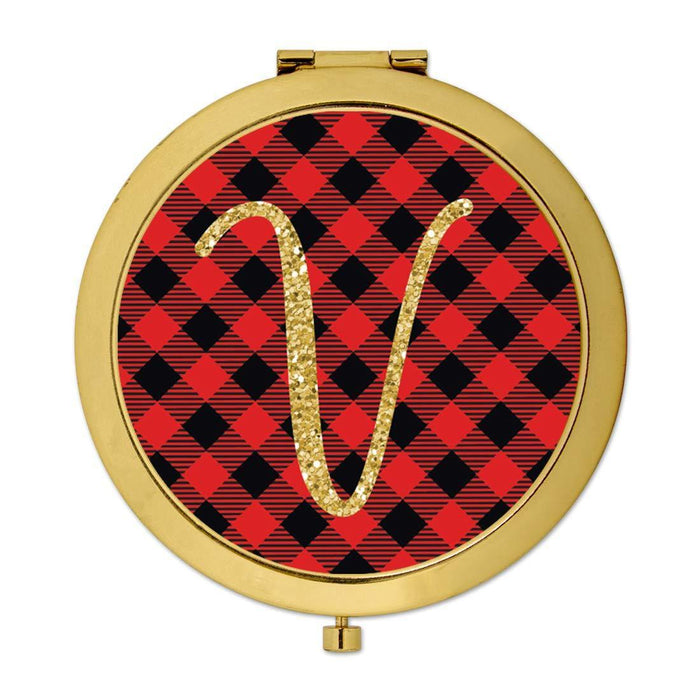 Andaz Press Buffalo Red Plaid With Gold Glitter Monogram Gold Compact Mirror-Set of 1-Andaz Press-V-