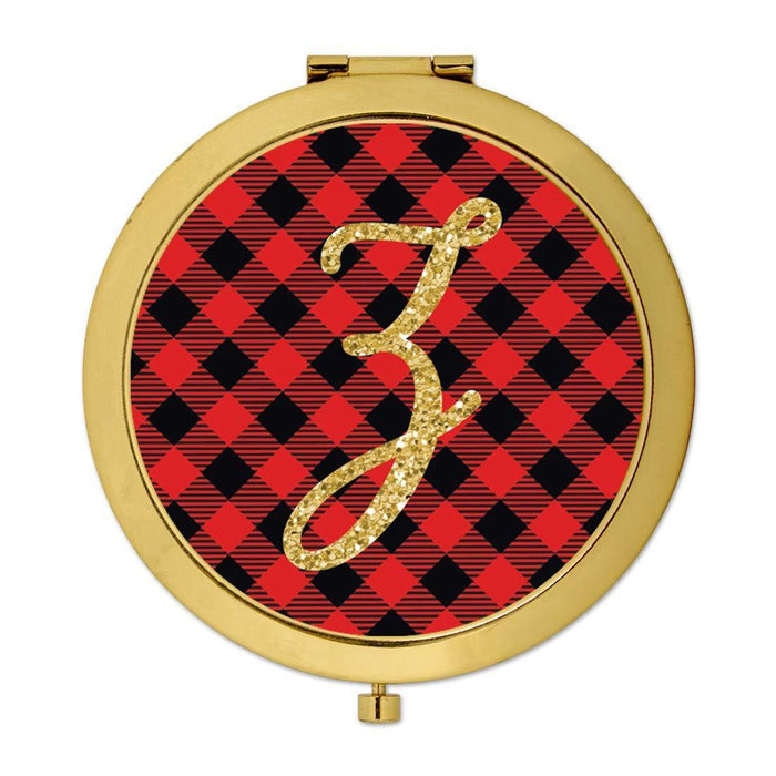 Andaz Press Buffalo Red Plaid With Gold Glitter Monogram Gold Compact Mirror-Set of 1-Andaz Press-Z-