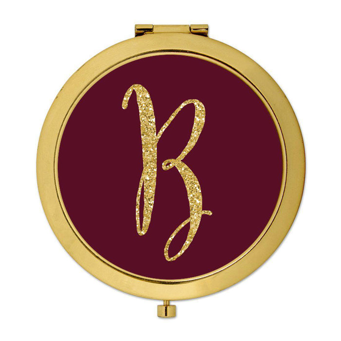 Andaz Press Burgundy Maroon Jewel Tone with Faux Gold Glitter Monogram 2.75 inch Round Gold Compact Mirror-Set of 1-Andaz Press-B-