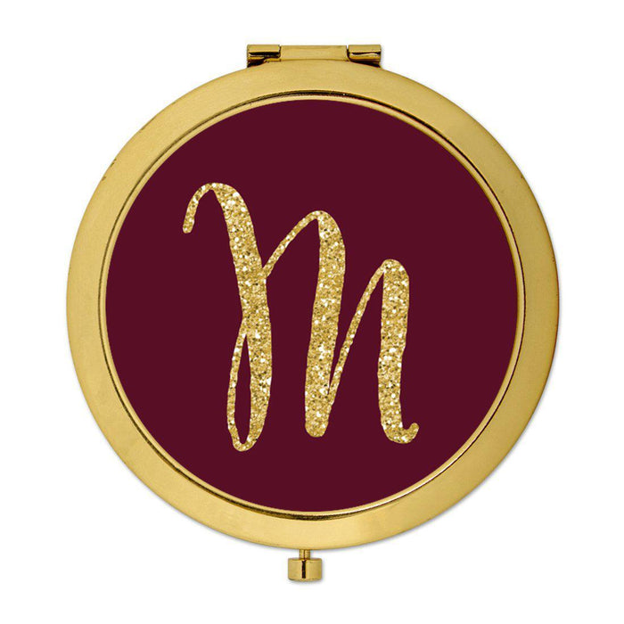 Andaz Press Burgundy Maroon Jewel Tone with Faux Gold Glitter Monogram 2.75 inch Round Gold Compact Mirror-Set of 1-Andaz Press-M-