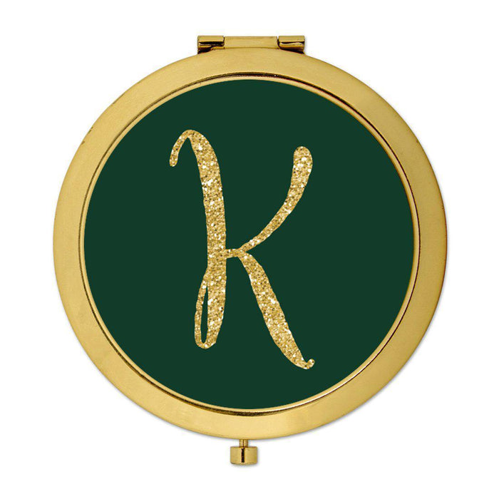 Andaz Press Emerald Green Gold Glitter Monogram Gold 2.75 inch Round Compact Mirror-Set of 1-Andaz Press-K-