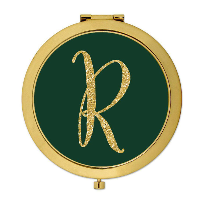 Andaz Press Emerald Green Gold Glitter Monogram Gold 2.75 inch Round Compact Mirror-Set of 1-Andaz Press-R-