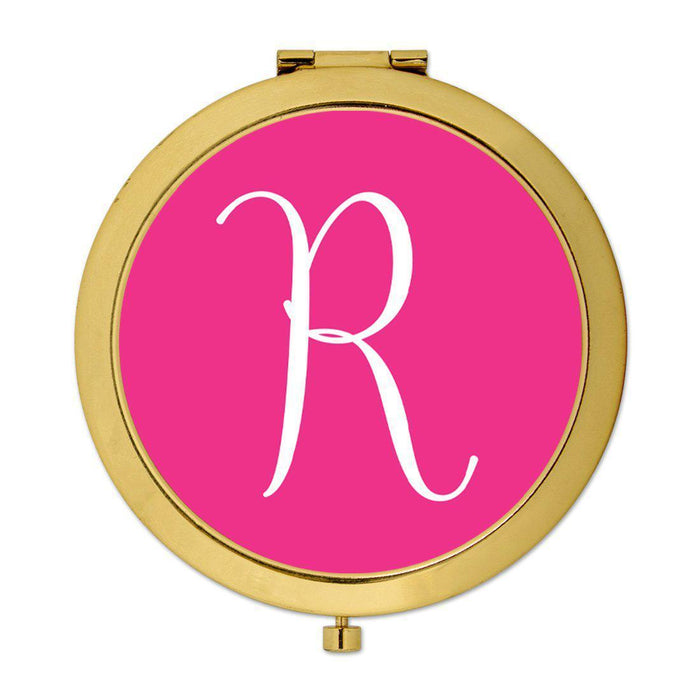 Andaz Press Fuchsia Hot Pink Monogram Gold 2.75 inch Round Compact Mirror-Set of 1-Andaz Press-R-