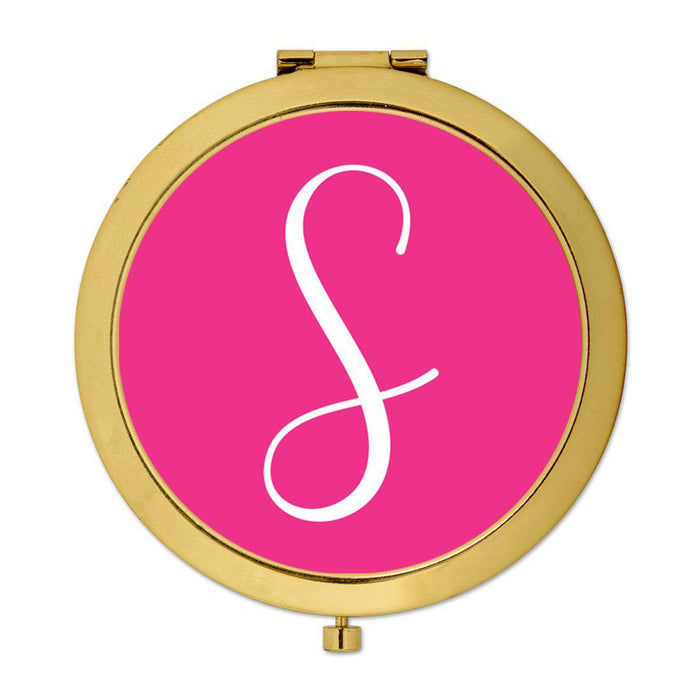 Andaz Press Fuchsia Hot Pink Monogram Gold 2.75 inch Round Compact Mirror-Set of 1-Andaz Press-S-