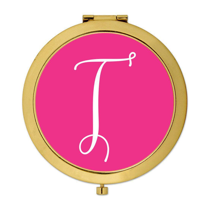 Andaz Press Fuchsia Hot Pink Monogram Gold 2.75 inch Round Compact Mirror-Set of 1-Andaz Press-T-