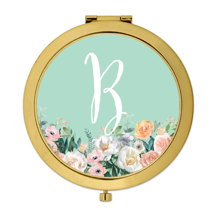 Andaz Press Peach Flower Florals on Mint Green Monogram Gold Compact Mirror-Set of 1-Andaz Press-B-