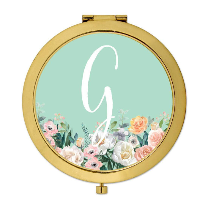 Andaz Press Peach Flower Florals on Mint Green Monogram Gold Compact Mirror-Set of 1-Andaz Press-G-