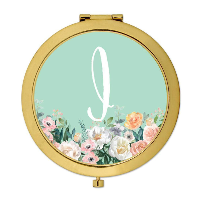 Andaz Press Peach Flower Florals on Mint Green Monogram Gold Compact Mirror-Set of 1-Andaz Press-I-