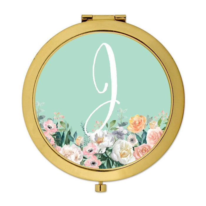 Andaz Press Peach Flower Florals on Mint Green Monogram Gold Compact Mirror-Set of 1-Andaz Press-J-