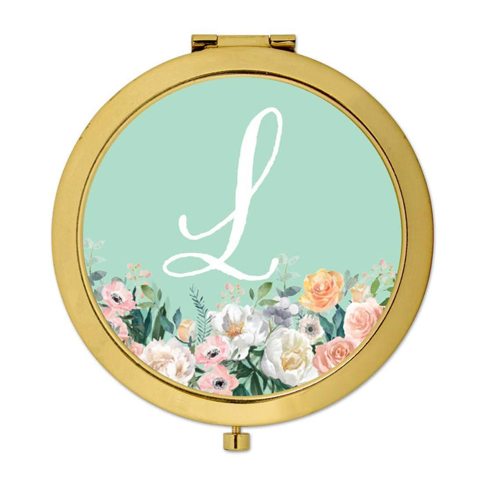 Andaz Press Peach Flower Florals on Mint Green Monogram Gold Compact Mirror-Set of 1-Andaz Press-L-