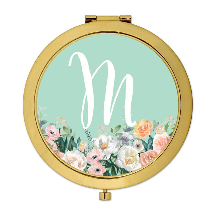 Andaz Press Peach Flower Florals on Mint Green Monogram Gold Compact Mirror-Set of 1-Andaz Press-M-