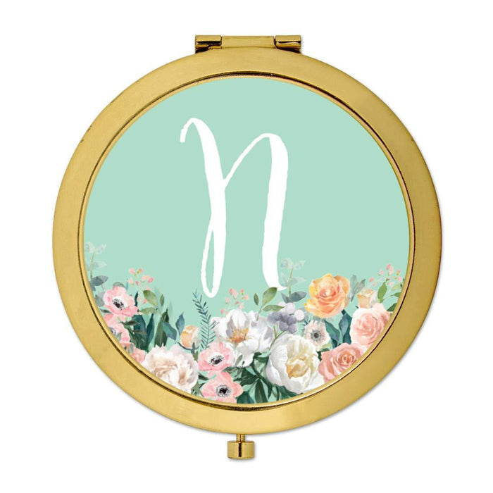 Andaz Press Peach Flower Florals on Mint Green Monogram Gold Compact Mirror-Set of 1-Andaz Press-N-