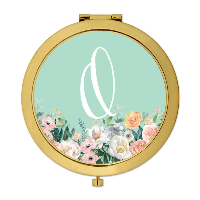 Andaz Press Peach Flower Florals on Mint Green Monogram Gold Compact Mirror-Set of 1-Andaz Press-O-