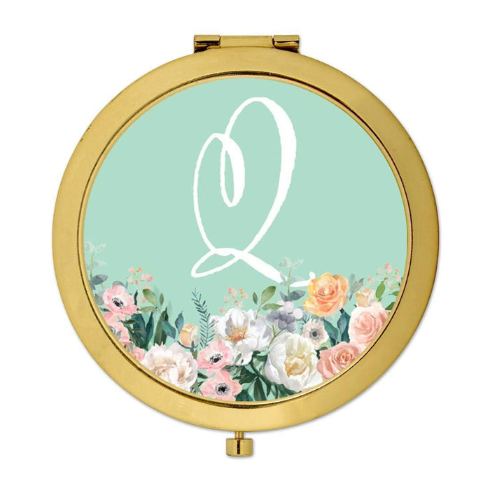 Andaz Press Peach Flower Florals on Mint Green Monogram Gold Compact Mirror-Set of 1-Andaz Press-Q-